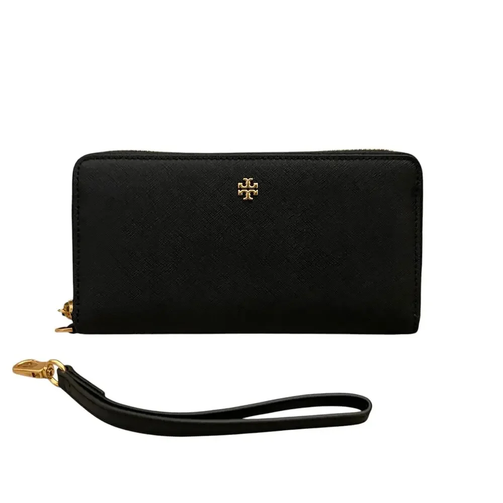 TORY BURCH Emerson Wristlet Zip Continental Wallet Saffiano Leather Black NEW